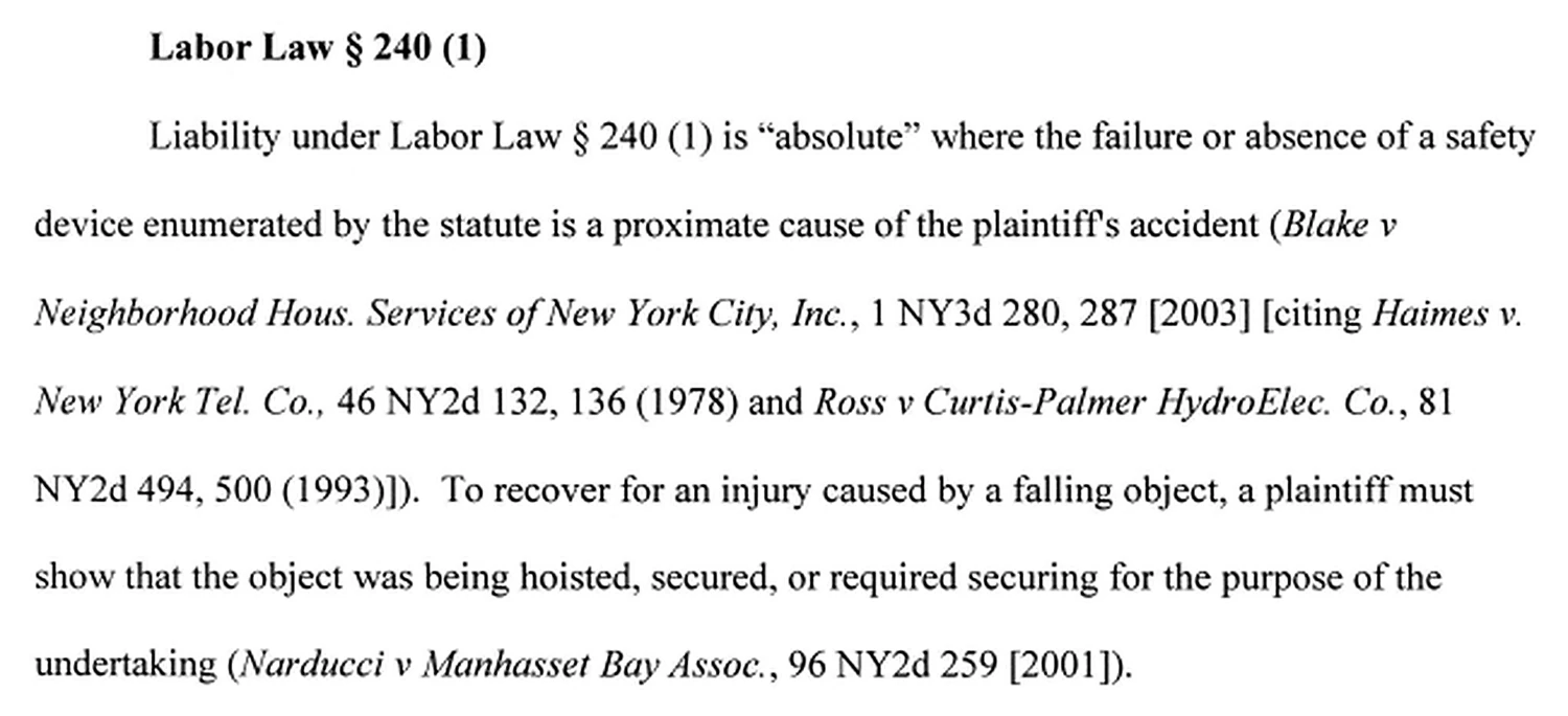 Excerpt applying Labor Law §240(1), including the absolute-liability and falling-object standards.