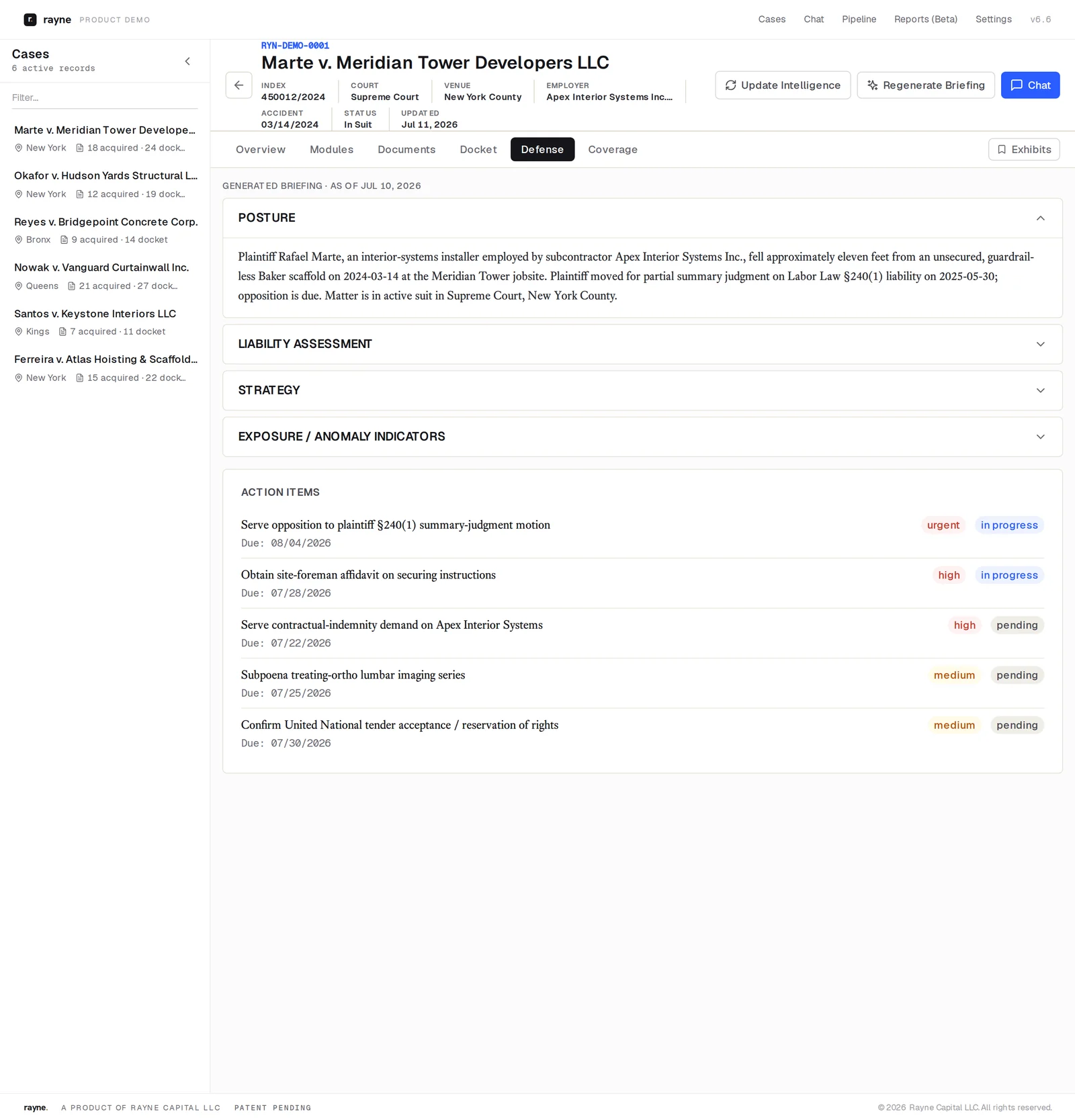 Rayne workspace, Defense tab: a generated briefing with posture, liability assessment, strategy, exposure indicators, and prioritized action items. Synthetic demonstration matter.