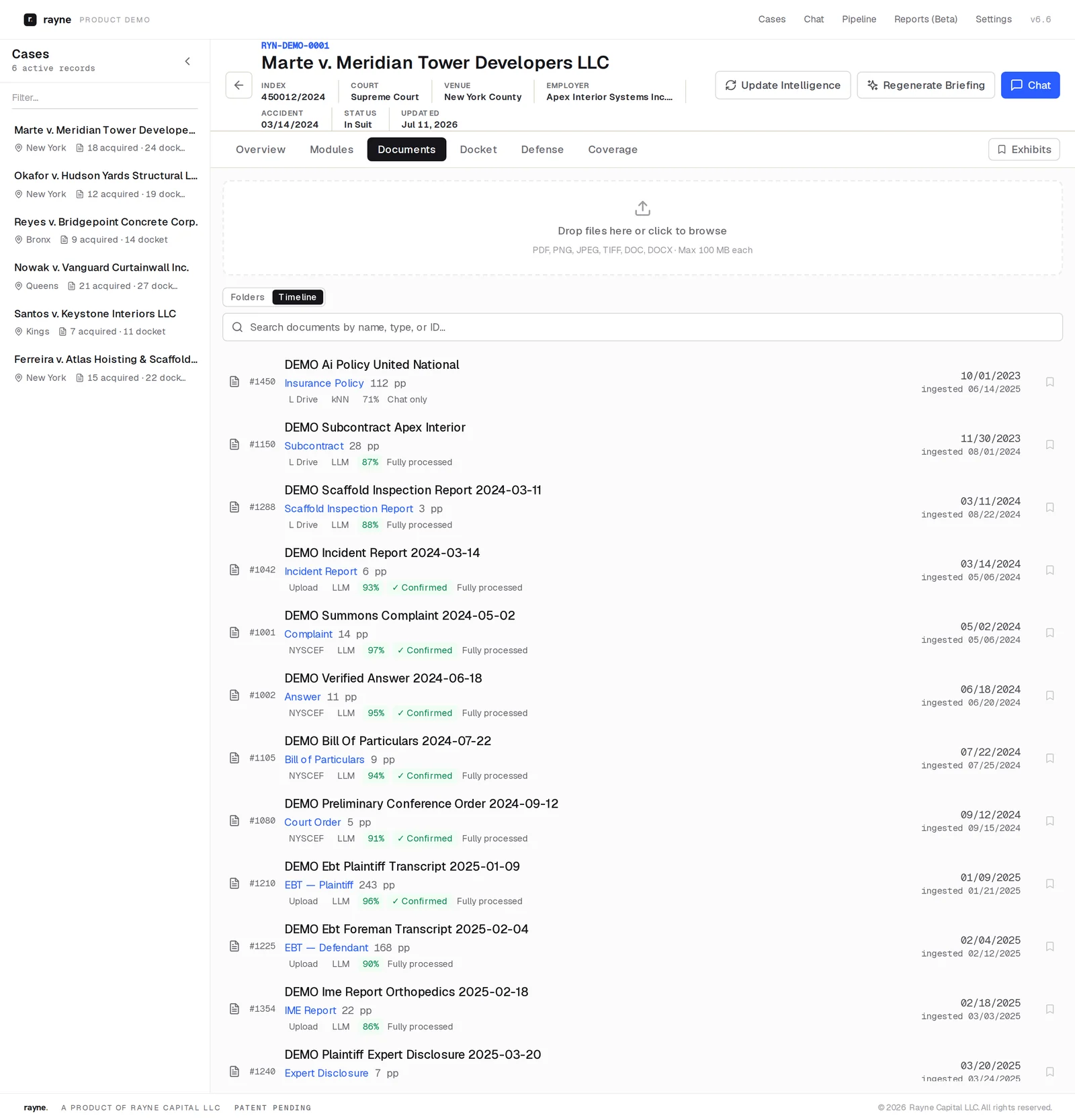 Rayne workspace, Documents tab: an evidence ledger listing each document with source, extraction method, confidence, confirmation state, page count, and ingest date. Synthetic demonstration matter.