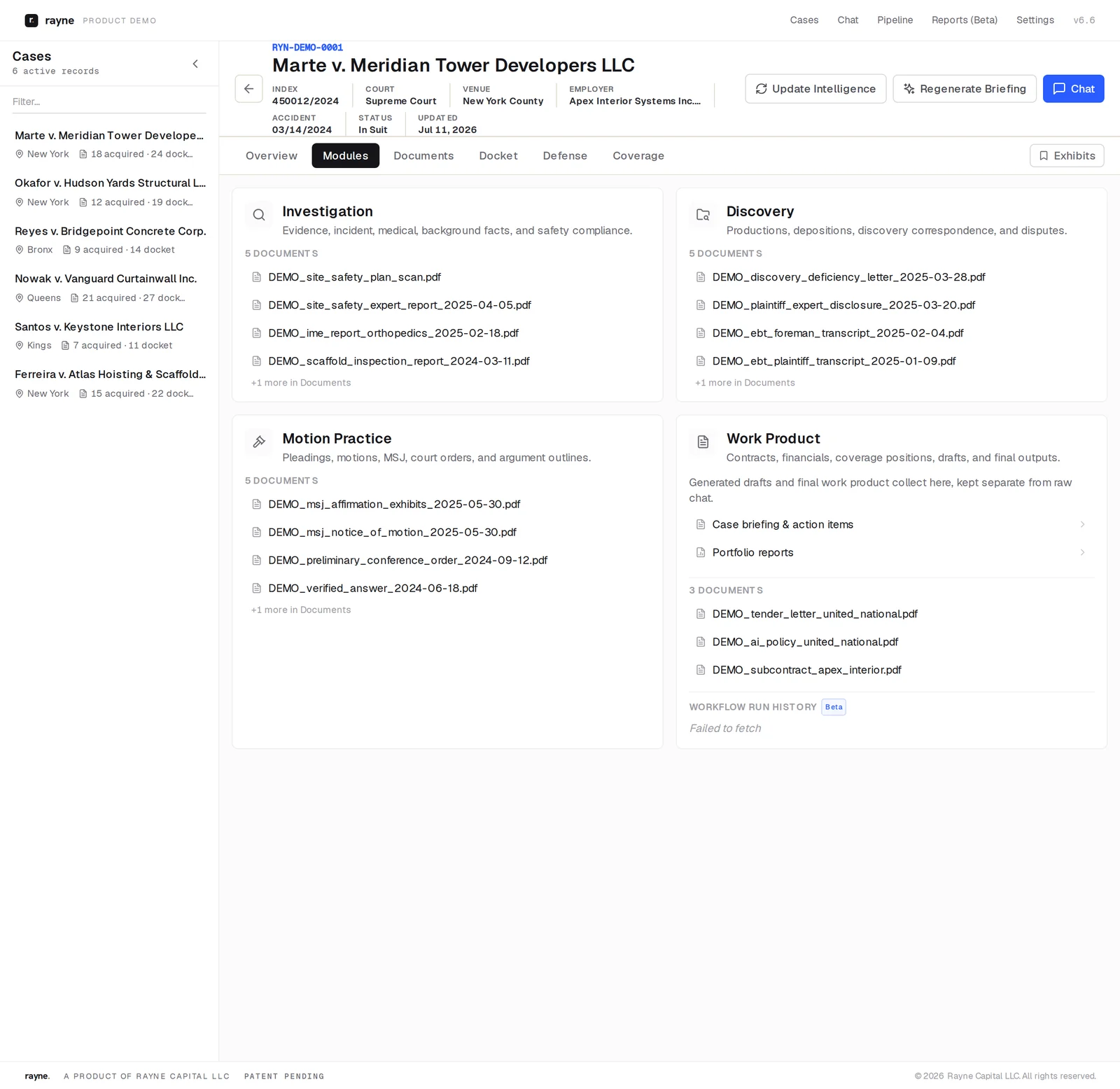 Rayne workspace, Modules tab: the Scaffold Law ontology organizing the record into Investigation, Discovery, Motion Practice, and Work Product. Synthetic demonstration matter.